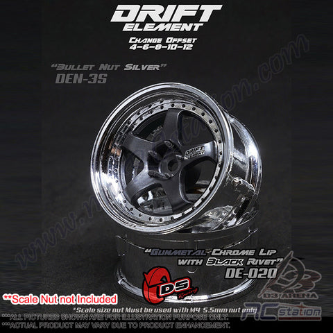 DS Racing #DE-020 - Drift Element Wheel - Adj. Offset (2) / Gun Metal Face Chrome Lip with Black Rivets