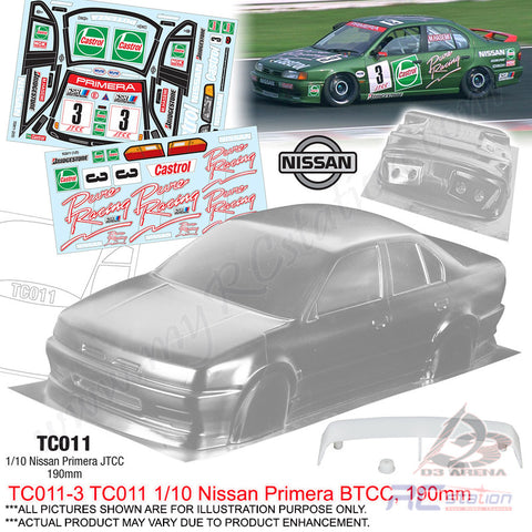 Team C Racing Clear Body Shell TC011 1/10 Nissan Primera BTCC (Width 190mm, WheelBase 258mm)