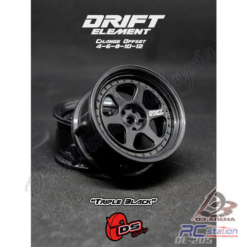 DS Racing #DE-205 - Drift Element Wheel Rim Series II- Adj. Offset / Triple Black , 2pcs