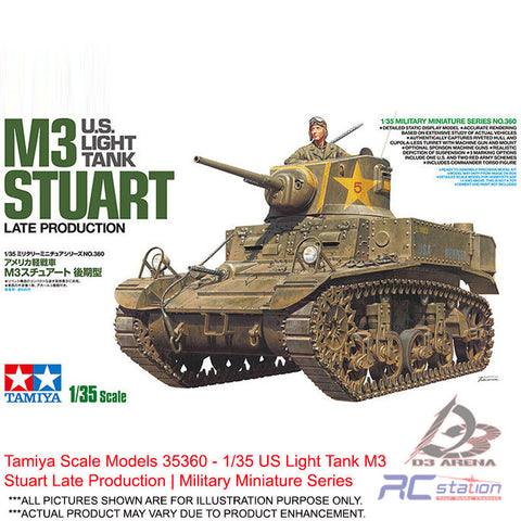 Tamiya Scale Models #35360 - 1/35 US Light Tank M3 Stuart Late Production | Military Miniature Series