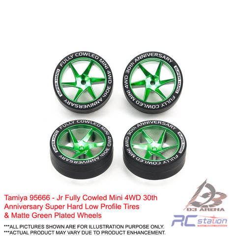 Tamiya #95666 - Jr Fully Cowled Mini 4WD 30th Anniversary Super Hard Low Profile Tires & Matte Green Plated Wheels