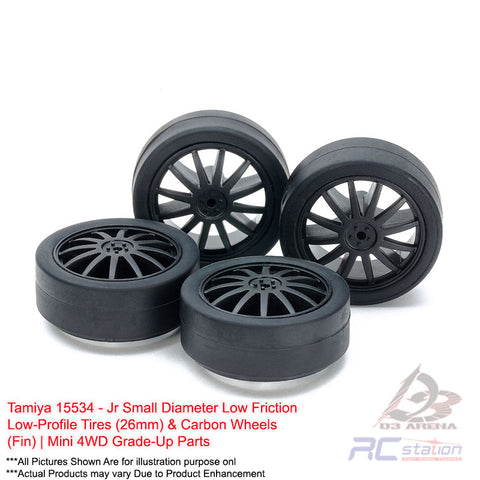 Tamiya #15534 - Jr Small Diameter Low Friction Low-Profile Tires (26mm) & Carbon Wheels (Fin) | Mini 4WD Grade-Up Parts