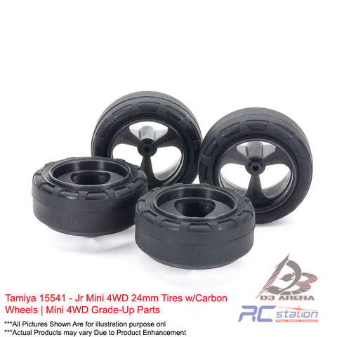 Tamiya #15541 - Jr Mini 4WD 24mm Tires w/Carbon Wheels | Mini 4WD Grade-Up Parts