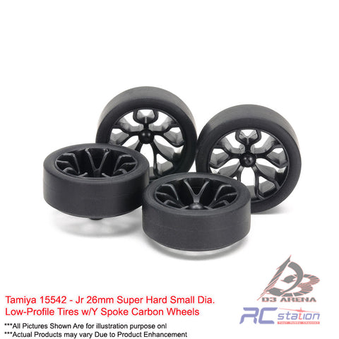 Tamiya #15542 - Jr 26mm Super Hard Small Dia. Low-Profile Tires w/Y Spoke Carbon Wheels