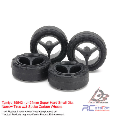 Tamiya #15543 - Jr 24mm Super Hard Small Dia. Narrow Tires w/3-Spoke Carbon Wheels