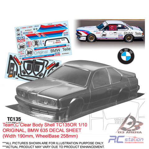 Team C Clear Body Shell TC135OR 1/10 BMW 635 (Width 190mm, WheelBase 258mm)