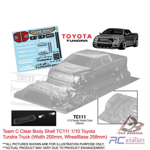 Team C Clear Body Shell TC111 1/10 Toyota Tundra Truck (Width 200mm, WheelBase 258mm)