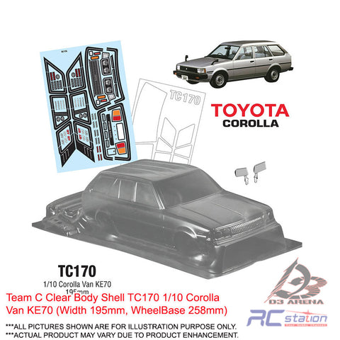 Team C Clear Body Shell TC170 1/10 Corolla Van KE70 (Width 195mm, WheelBase 258mm)