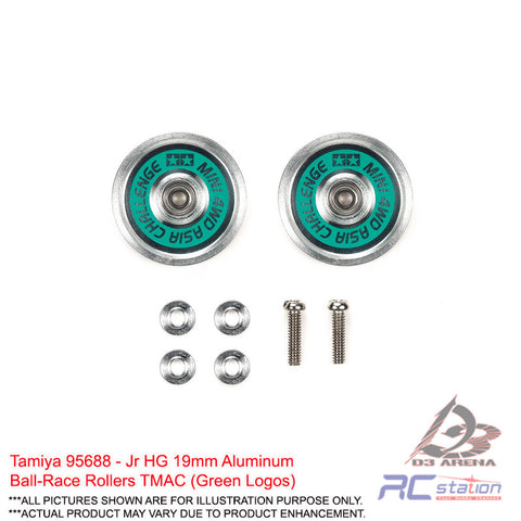 Tamiya #95688 - Jr HG 19mm Aluminum Ball-Race Rollers TMAC (Green Logos)