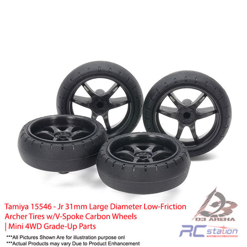 Tamiya #15546 - Jr 31mm Large Diameter Low-Friction Archer Tires w/V-Spoke Carbon Wheels | Mini 4WD Grade-Up Parts