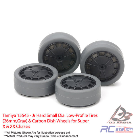 Tamiya #15545 - Jr Hard Small Dia. Low-Profile Tires (26mm,Gray) & Carbon Dish Wheels for Super X & XX Chassis