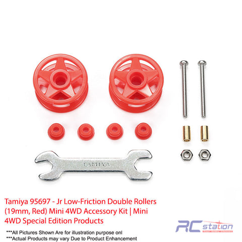 Tamiya #95697 - Jr Low-Friction Double Rollers (19mm, Red) Mini 4WD Accessory Kit | Mini 4WD Special Edition Products