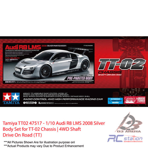 Tamiya TT02 #47517 - 1/10 Audi R8 LMS 2008 Silver Body Set for TT-02 Chassis | 4WD Shaft Drive On Road (TT)