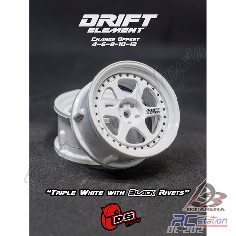 DS Racing #DE-202 - Drift Element Wheel Rim Series II- Adj. Offset / Triple White with Black Rivets, 2pcs