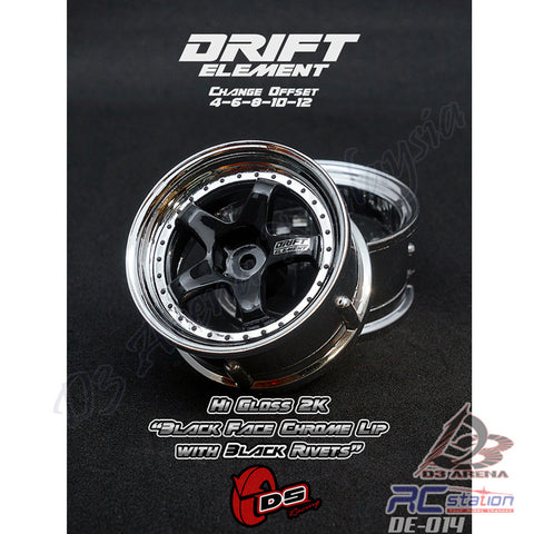 DS Racing #DE-014 - Drift Element Wheel Rim - Adjustable Offset (2pcs) / High Gloss 2K Black Face Chrome Lip with Black Rivets