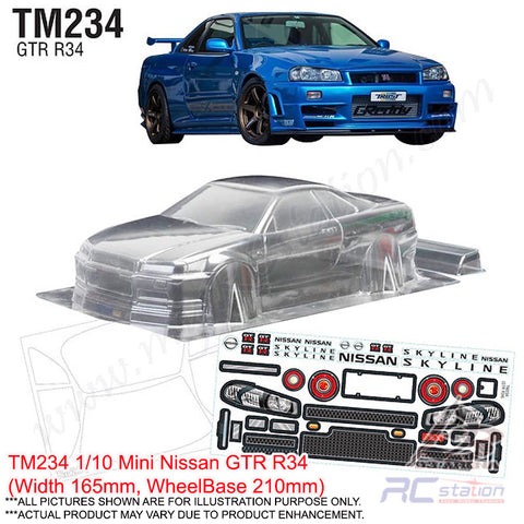 TeamC Racing M-Chassis Clear Body Shell TM234 1/10 Mini Nissan GTR R34 (Width 165mm, WheelBase 210mm)