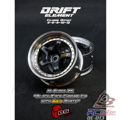 DS Racing #DE-013 - Drift Element Wheel Rim - Adjustable Offset (2pcs) / High Gloss 2K Black Face Chrome Lip with Gold Rivets