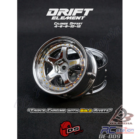 DS Racing #DE-009 - Drift Element Wheel Rim - Adjustable Offset (2pcs) / Triple Chrome with Gold Rivets
