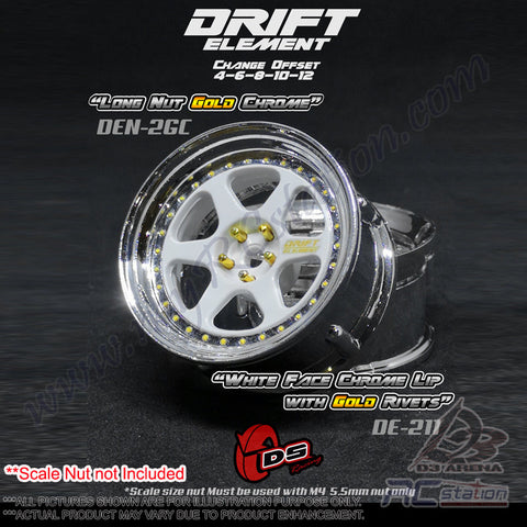 DS Racing #DE-211 - Drift Element Wheel Rim Series II - Adjustable Offset (2pcs) / White Face Chrome Lip with Gold Rivets