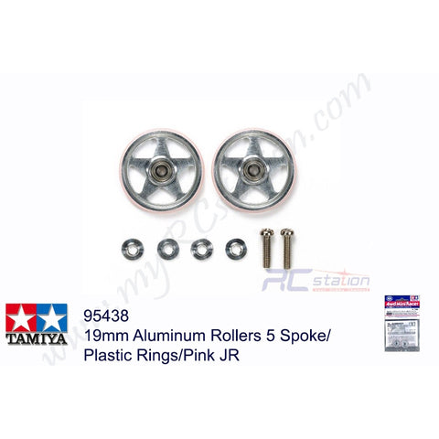 Tamiya #95438 - 19mm Aluminum Rollers 5 Spoke/Plastic Rings/Pink JR[95438]