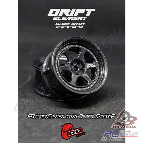 DS Racing #DE-206 - Drift Element Wheel Rim Series II- Adj. Offset / Triple Black with Silver Rivets , 2pcs