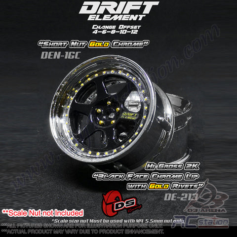 DS Racing #DE-213 - Drift Element Wheel Rim Series II - Adjustable Offset (2pcs) / High Gloss 2K Black Face Chrome Lip with Gold Rivets