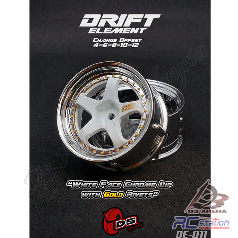 DS Racing #DE-011 - Drift Element Wheel Rim - Adjustable Offset (2pcs) / White Face Chrome Lip with Gold Rivets