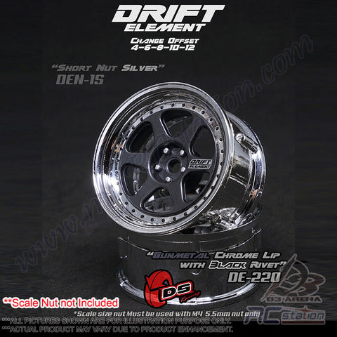 DS Racing #DE-220 - Drift Element Wheel Rim Series II - Adjustable Offset (2) / Gun Metal Face Chrome Lip with Black Rivets