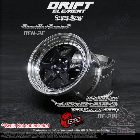 DS Racing #DE-214 - Drift Element Wheel Rim Series II - Adjustable Offset (2) / High Gloss 2K Black Face Chrome Lip with Black Rivets