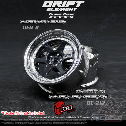 DS Racing #DE-212 - Drift Element Wheel Rim Series II - Adjustable Offset (2pcs) / High Gloss 2K Black Face Chrome Lip