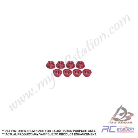 3Racing #3RAC-NS40/RE - 4mm Aluminum Locknut Serrated (8pcs) -red
