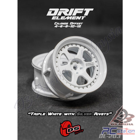 DS Racing #DE-203 - Drift Element Wheel Rim Series II- Adj. Offset / Triple White with Silver Rivets, 2pcs