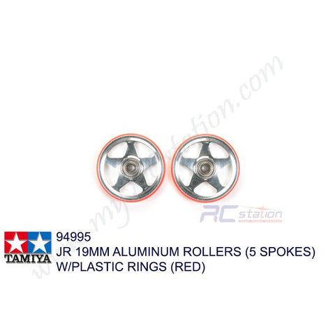 Tamiya #94995 - JR 19mm Aluminum Rollers (5 Spokes) w/Plastic Rings (Red) [94995]