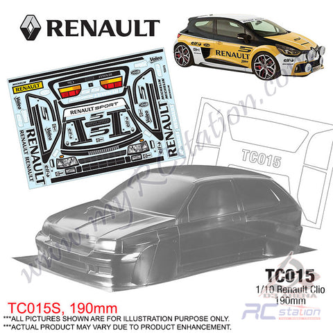 TeamC Racing 1/10 Clear Body Shell TC015 Renault Clio (Width 190mm, WheelBase 258mm)