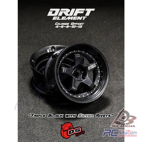 DS Racing #DE-006 - Drift Element Wheel Rim - Adjustable Offset (2pcs) / Triple Black with Silver Rivets