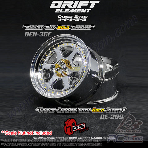 DS Racing #DE-209 - Drift Element Wheel Rim Series II - Adjustable Offset (2pcs) / Triple Chrome with Gold Rivets