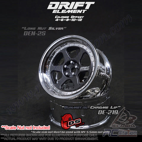 DS Racing #DE-219 - Drift Element Wheel Rim Series II - Adjustable Offset (2) / Gun Metal Face Chrome Lip
