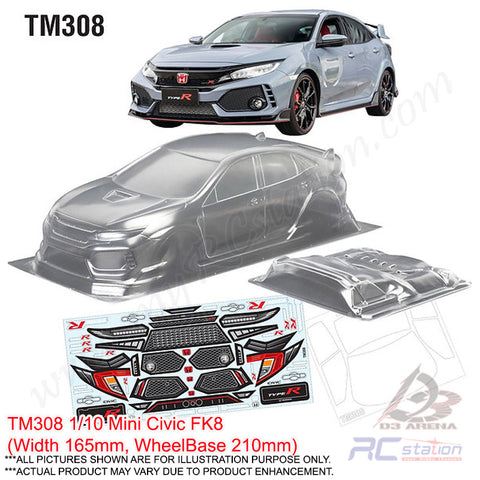 TeamC Racing M-Chassis Clear Body Shell TM308 1/10 Mini Civic FK8 (Width 165mm, WheelBase 210mm)