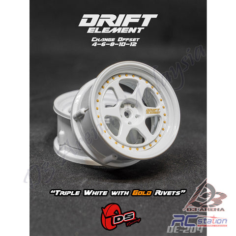 DS Racing #DE-204 - Drift Element Wheel Rim Series II- Adj. Offset / Triple White with Gold Rivets, 2pcs