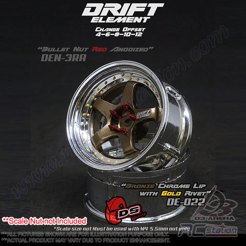 DS Racing #DE-022 - Drift Element Wheel - Adj. Offset (2) / Bronze Face Chrome Lip with Gold Rivets