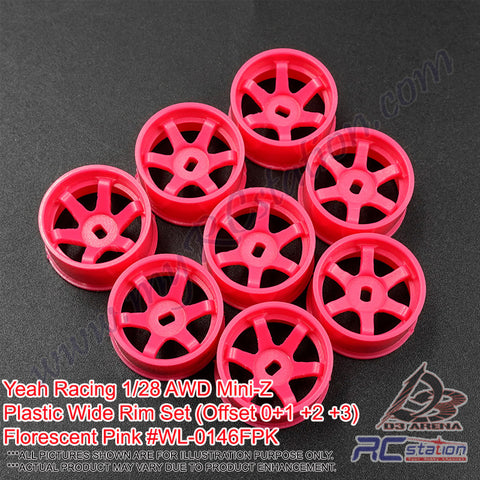 Yeah Racing #WL-0146FPK - Yeah Racing Plastic Wide Rim Set (Offset 0 +1+2 +3) Florescent Pink For 1/28 AWD Mini-Z