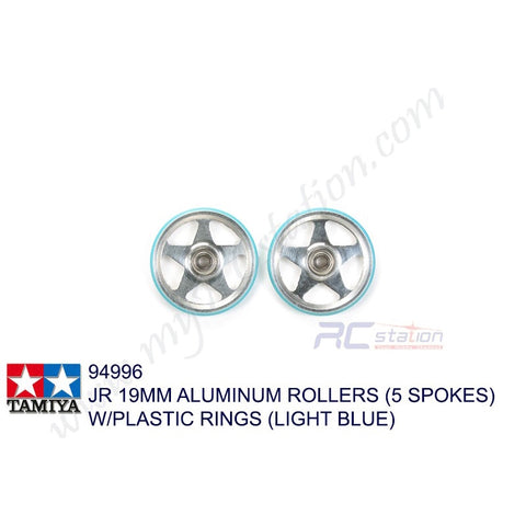 Tamiya #94996 - JR 19mm Aluminum Rollers (5 Spokes) w/Plastic Rings (Light Blue) [94996]