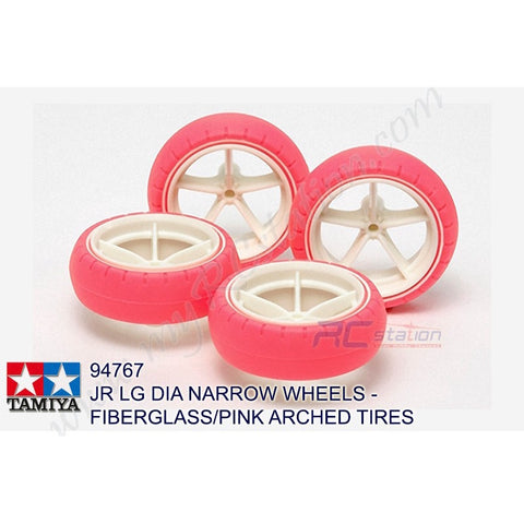 Tamiya #94767 - Large Dia. Narrow Fiberglass Wheels & Arched Tires - Fluorescent Pink [94767]